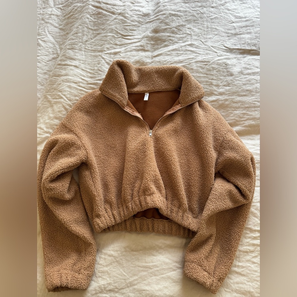 Zaful Cropped Teddy Pullover Jacket - Brown
